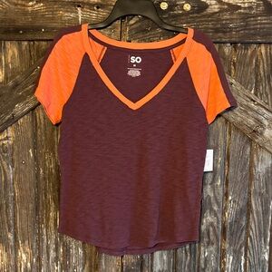 SO V-Neck Raglan Tee in Plum and Orange